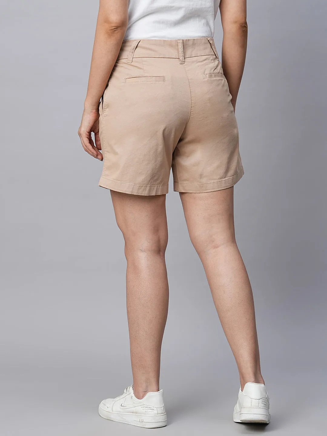 Women's Beige Cotton Lycra Regular Fit Shorts