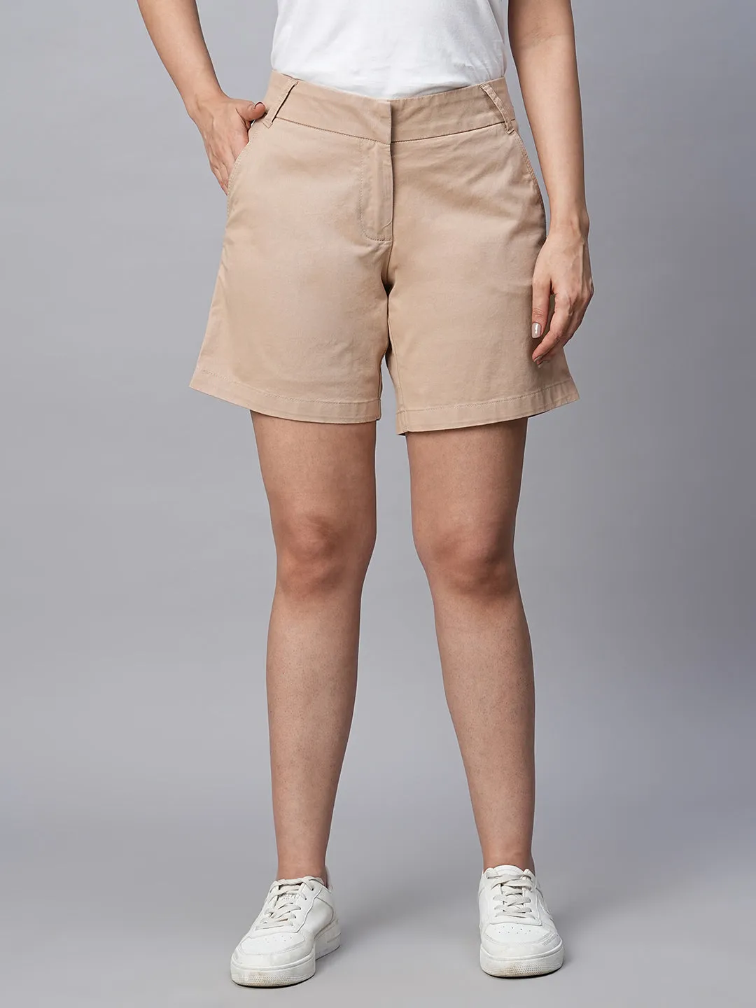 Women's Beige Cotton Lycra Regular Fit Shorts