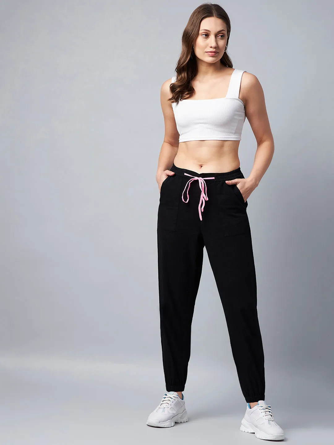 Women's Black Cotton Twill Jogger With Pink Draw String - Stylestone