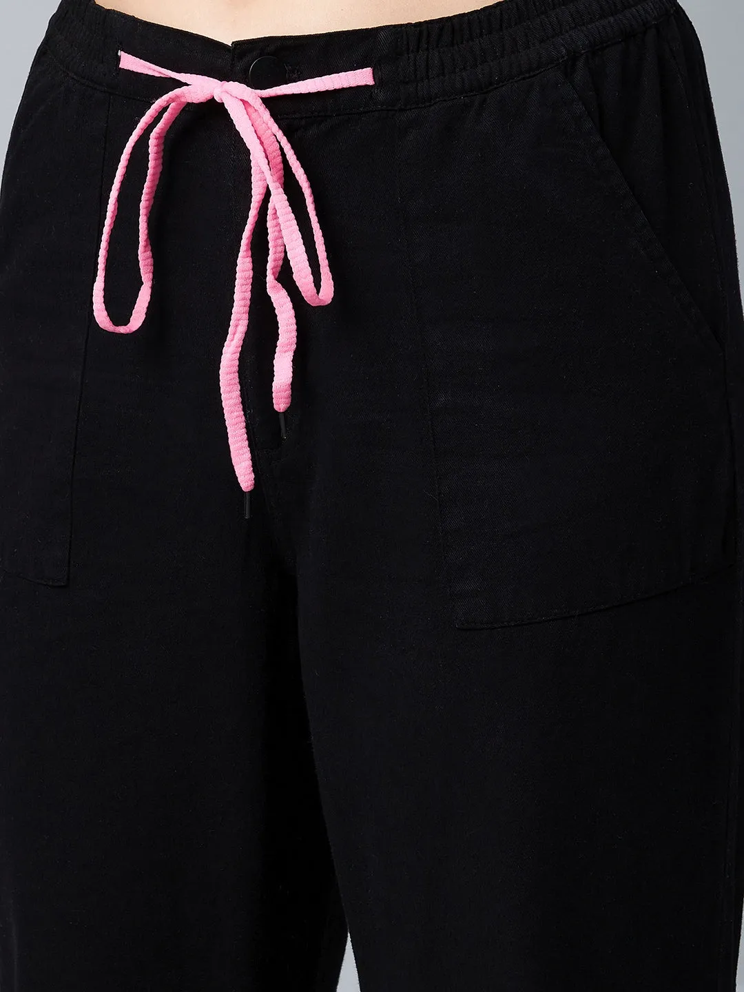 Women's Black Cotton Twill Jogger With Pink Draw String - Stylestone