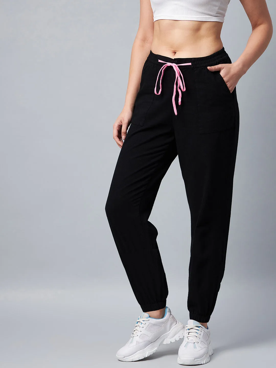 Women's Black Cotton Twill Jogger With Pink Draw String - Stylestone