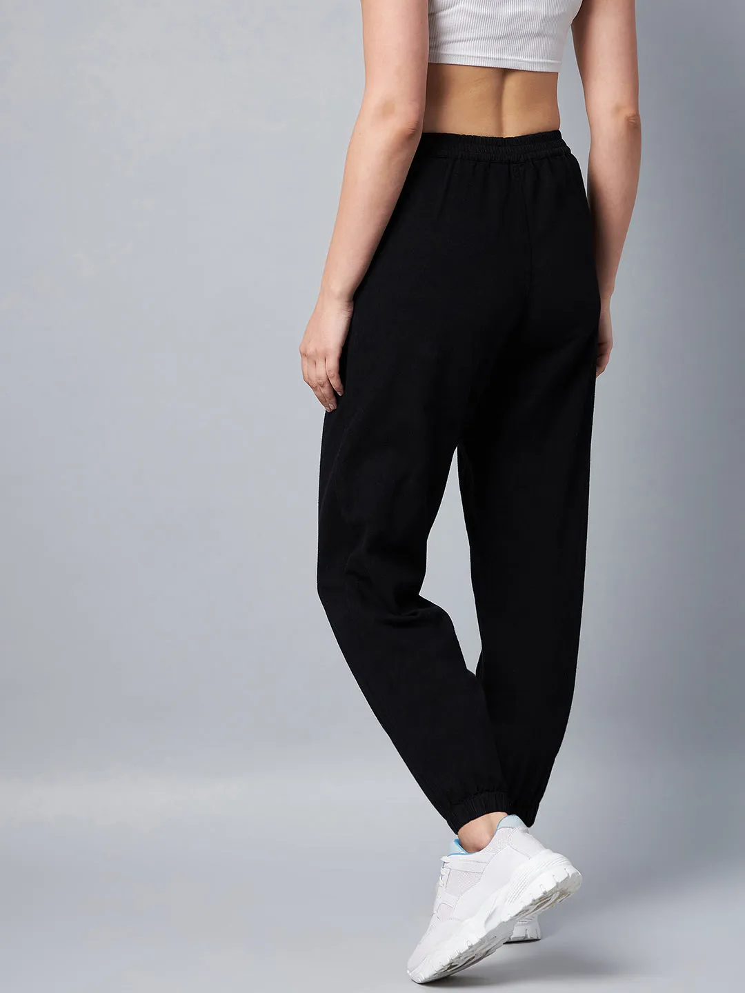 Women's Black Cotton Twill Jogger With Pink Draw String - Stylestone