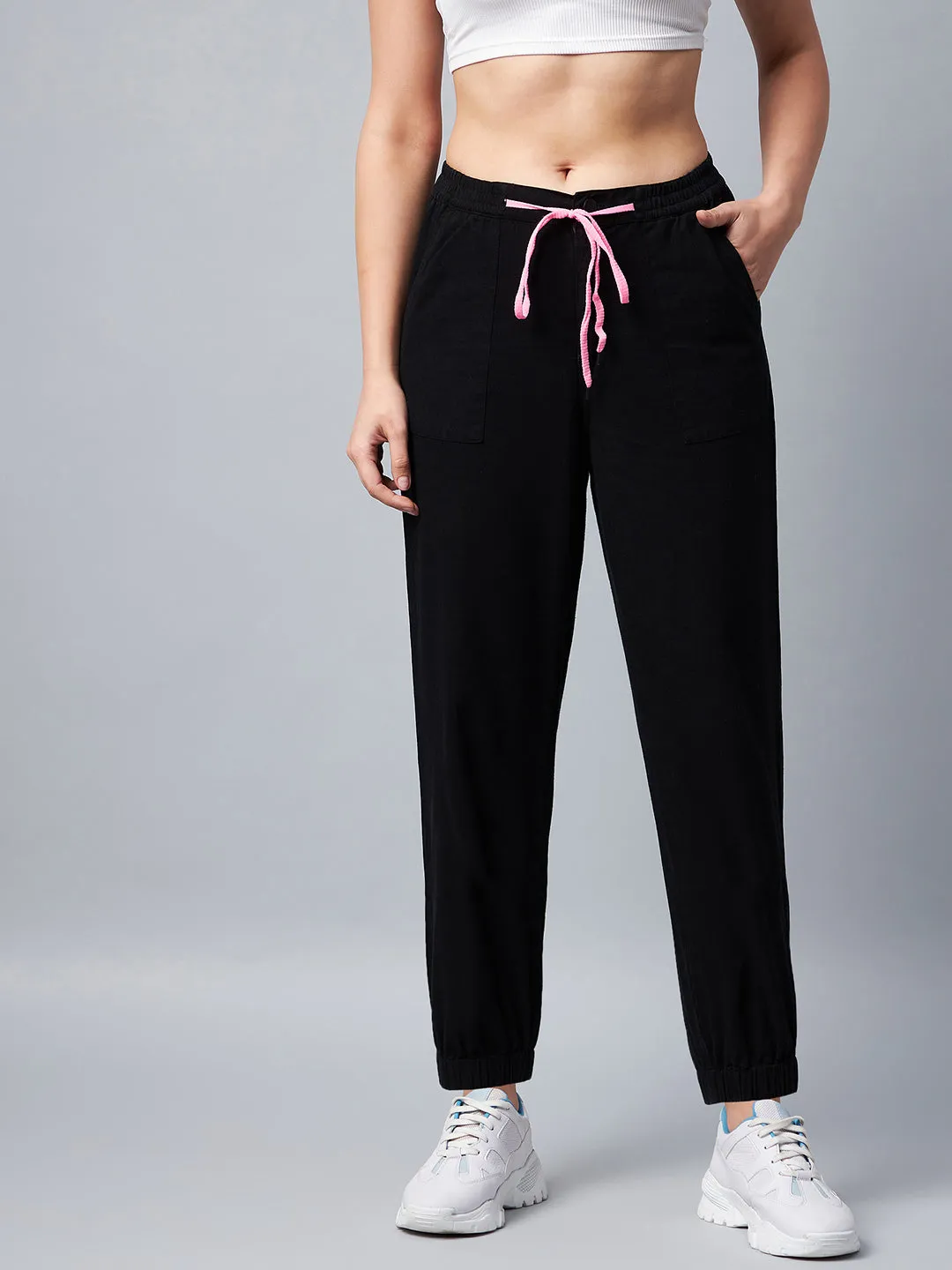 Women's Black Cotton Twill Jogger With Pink Draw String - Stylestone