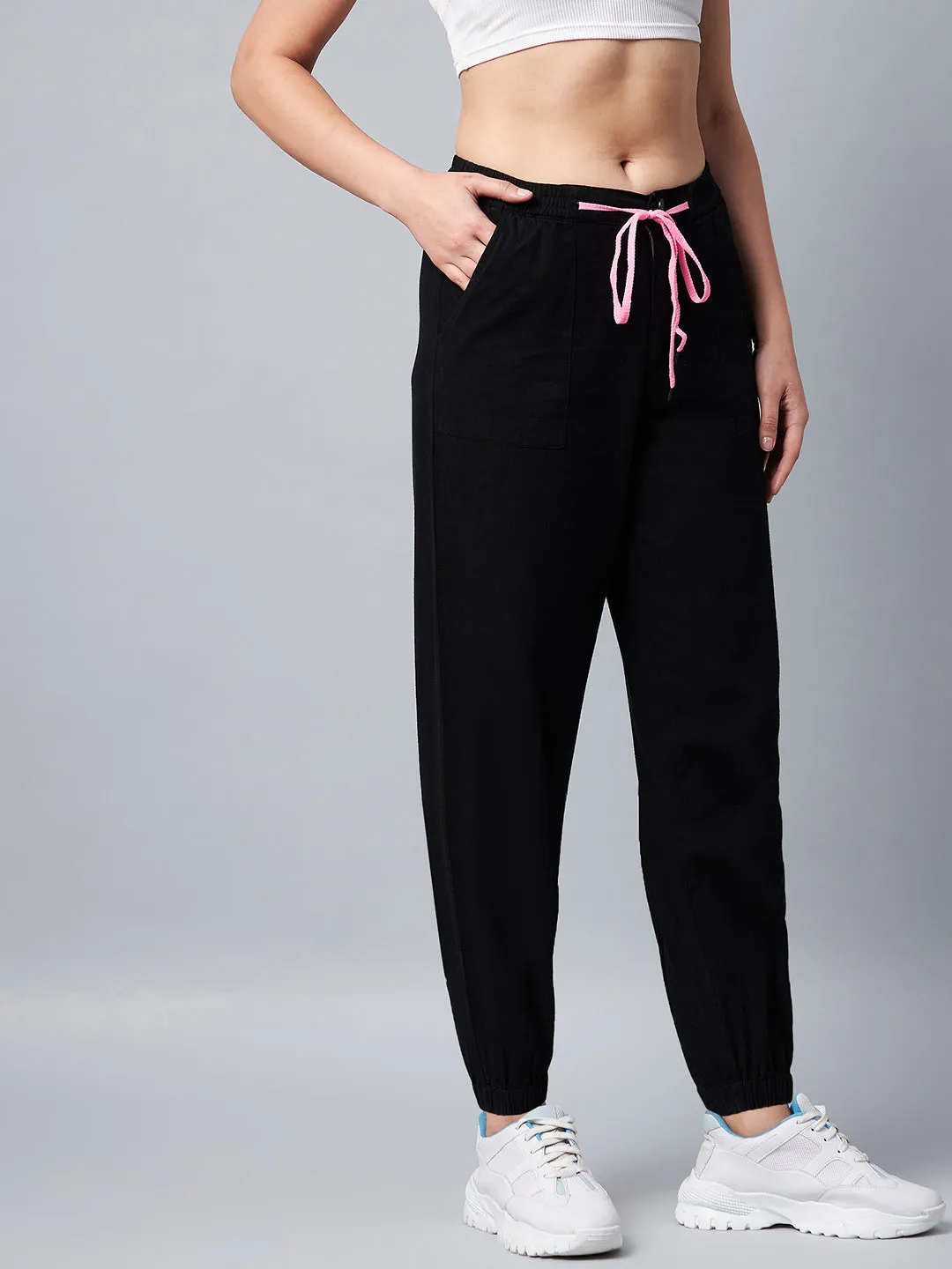 Women's Black Cotton Twill Jogger With Pink Draw String - Stylestone