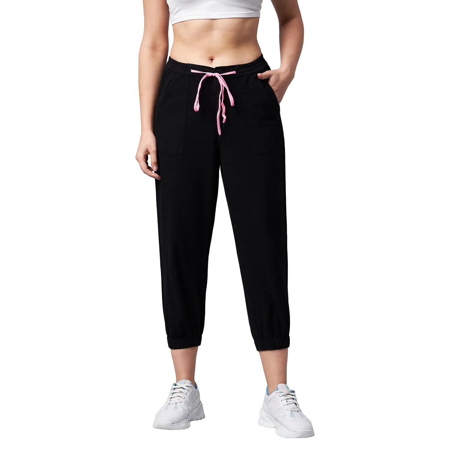 Women's Black Cotton Twill Jogger With Pink Draw String - Stylestone