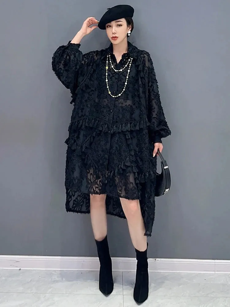 Women's Black Lace Mesh Oversized Blouse