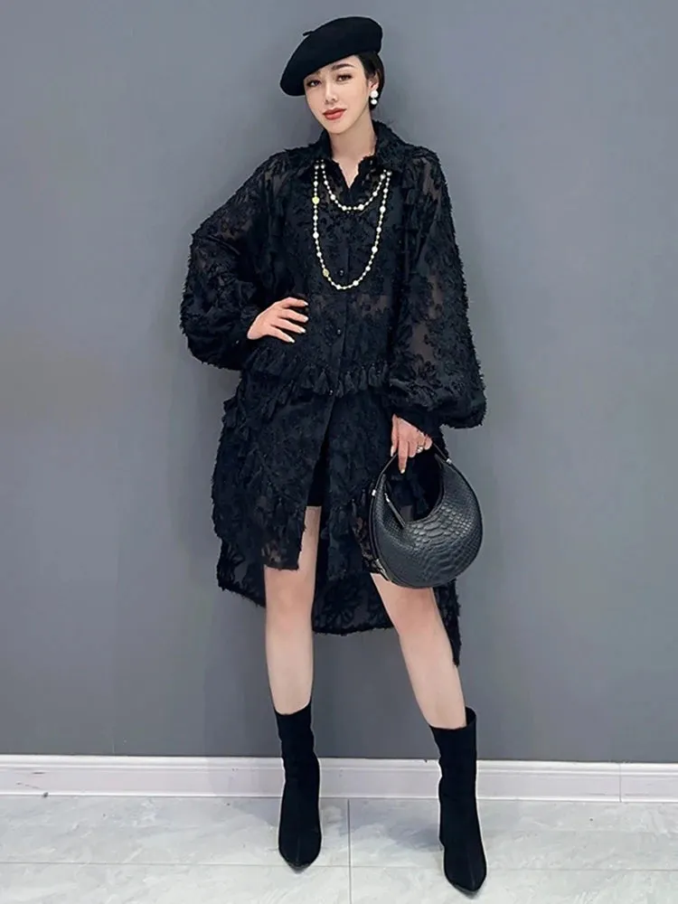 Women's Black Lace Mesh Oversized Blouse