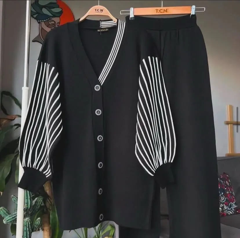 Women's Black Standard Size Knitwear Sleeves Striped Cardigan Trousers Bottom-Top Double  B192086
