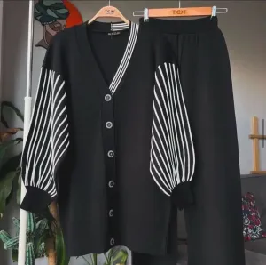 Women's Black Standard Size Knitwear Sleeves Striped Cardigan Trousers Bottom-Top Double  B192086