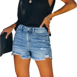 Womens Blue Ripped Denim Jean Shorts Frayed Denim Shorts for Summer