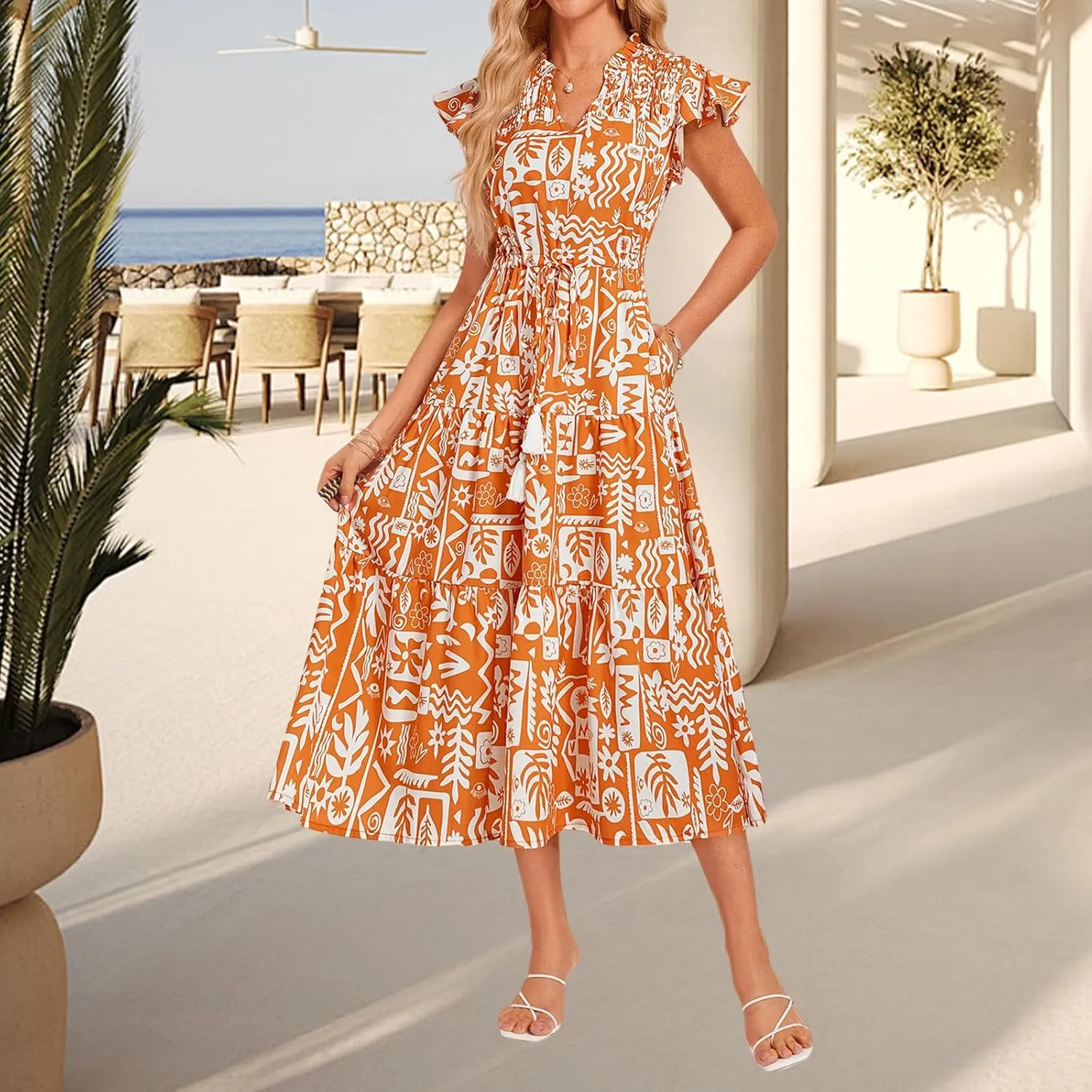 Womens Boho Dresses Summer Flowy V Neck Short Sleeve Midi Dress Casual Tummy Control Pleated Floral Printed Sundress