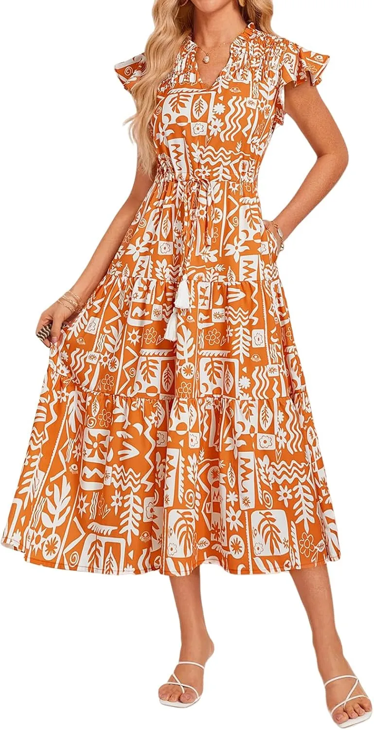 Womens Boho Dresses Summer Flowy V Neck Short Sleeve Midi Dress Casual Tummy Control Pleated Floral Printed Sundress