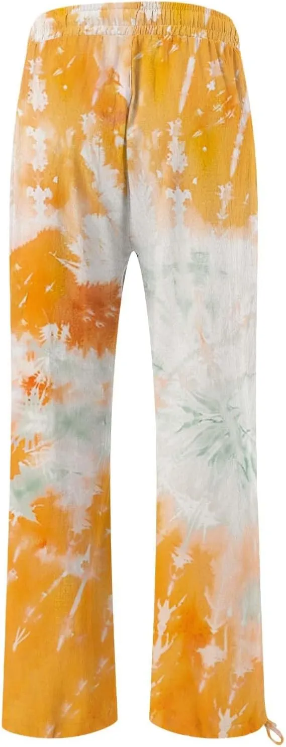 Women's Boho Floral Linen Pants 2025 Summer Boho Wide Leg High Waist Lounge Pant 2025 Beach Travel Vacation Outfits