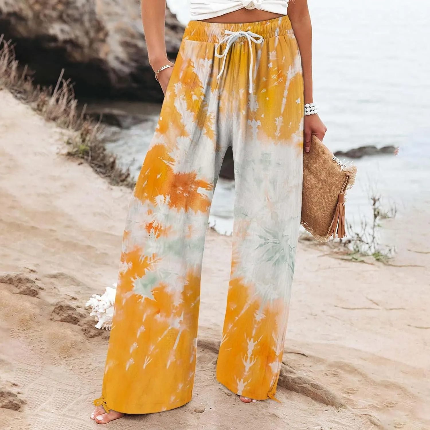 Women's Boho Floral Linen Pants 2025 Summer Boho Wide Leg High Waist Lounge Pant 2025 Beach Travel Vacation Outfits