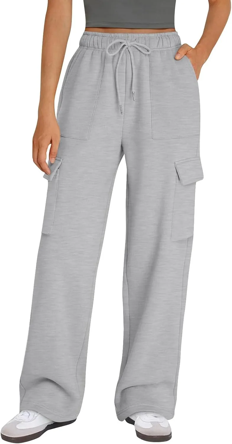 Womens Cargo Sweatpants Baggy Fleece Wide Leg Sweatpants Drawstring Elastic High Waisted Jogger Pants with Pockets