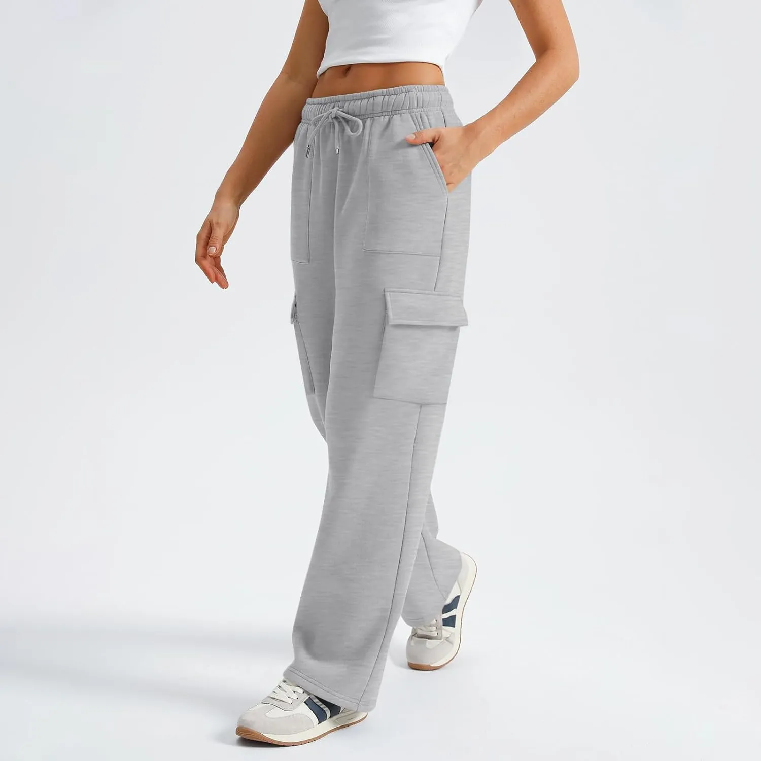 Womens Cargo Sweatpants Baggy Fleece Wide Leg Sweatpants Drawstring Elastic High Waisted Jogger Pants with Pockets