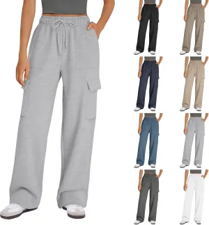 Womens Cargo Sweatpants Baggy Fleece Wide Leg Sweatpants Drawstring Elastic High Waisted Jogger Pants with Pockets