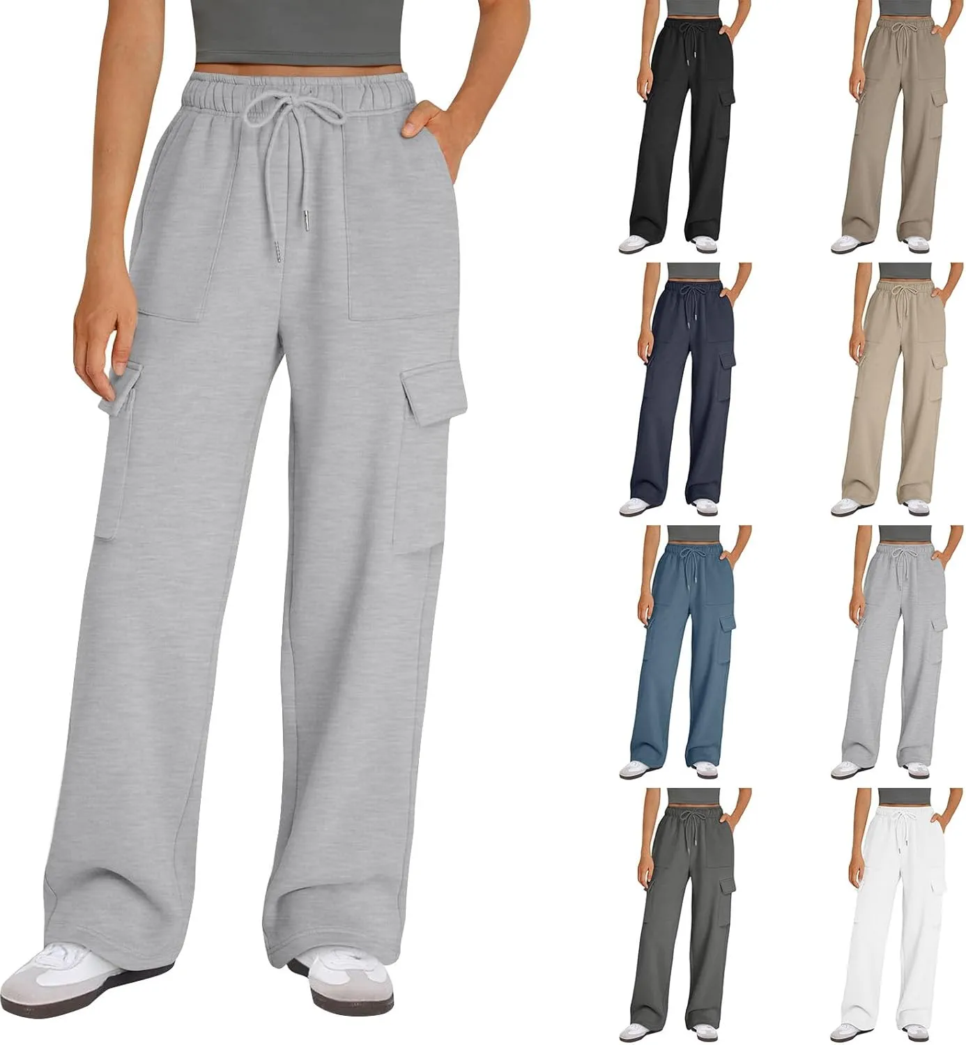 Womens Cargo Sweatpants Baggy Fleece Wide Leg Sweatpants Drawstring Elastic High Waisted Jogger Pants with Pockets