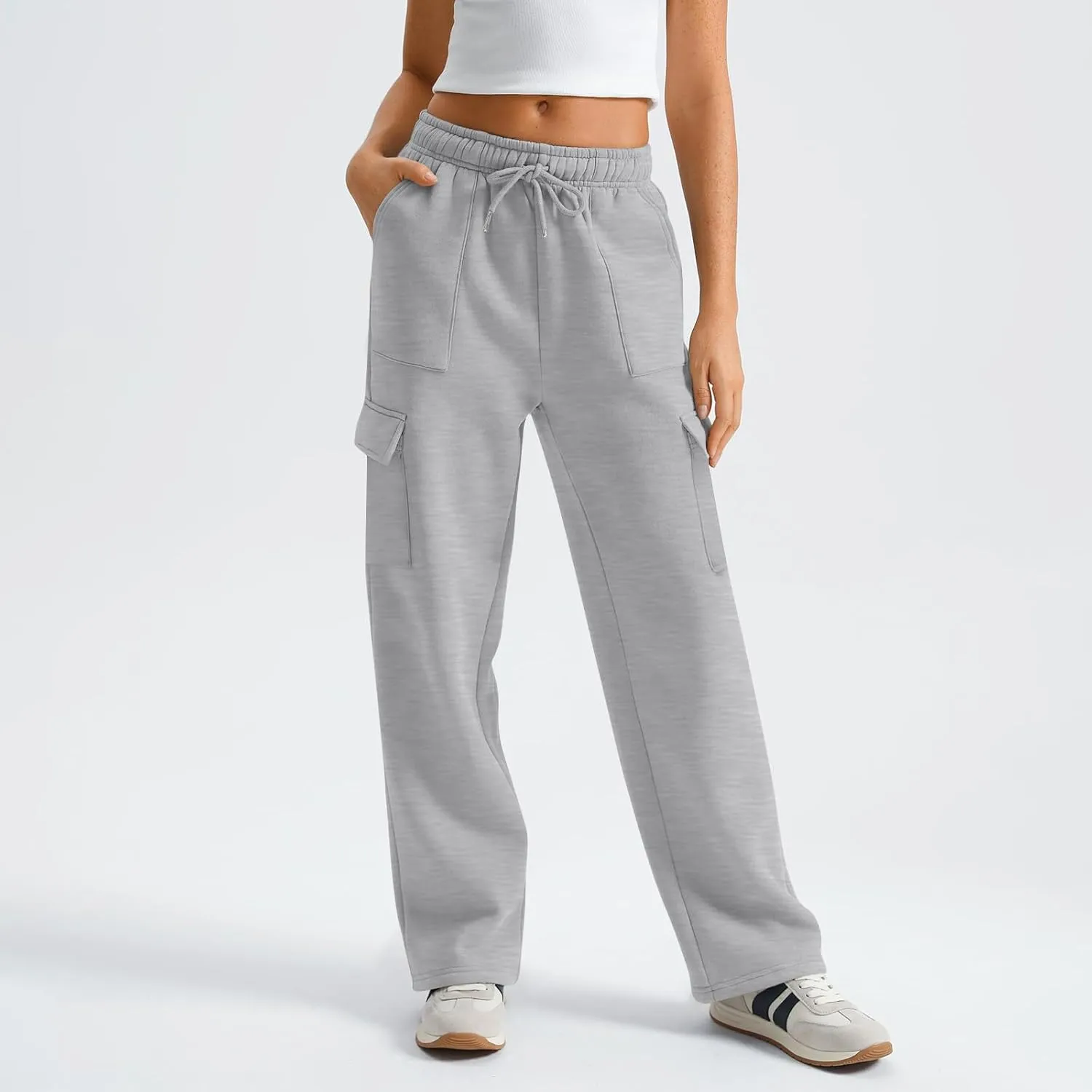 Womens Cargo Sweatpants Baggy Fleece Wide Leg Sweatpants Drawstring Elastic High Waisted Jogger Pants with Pockets