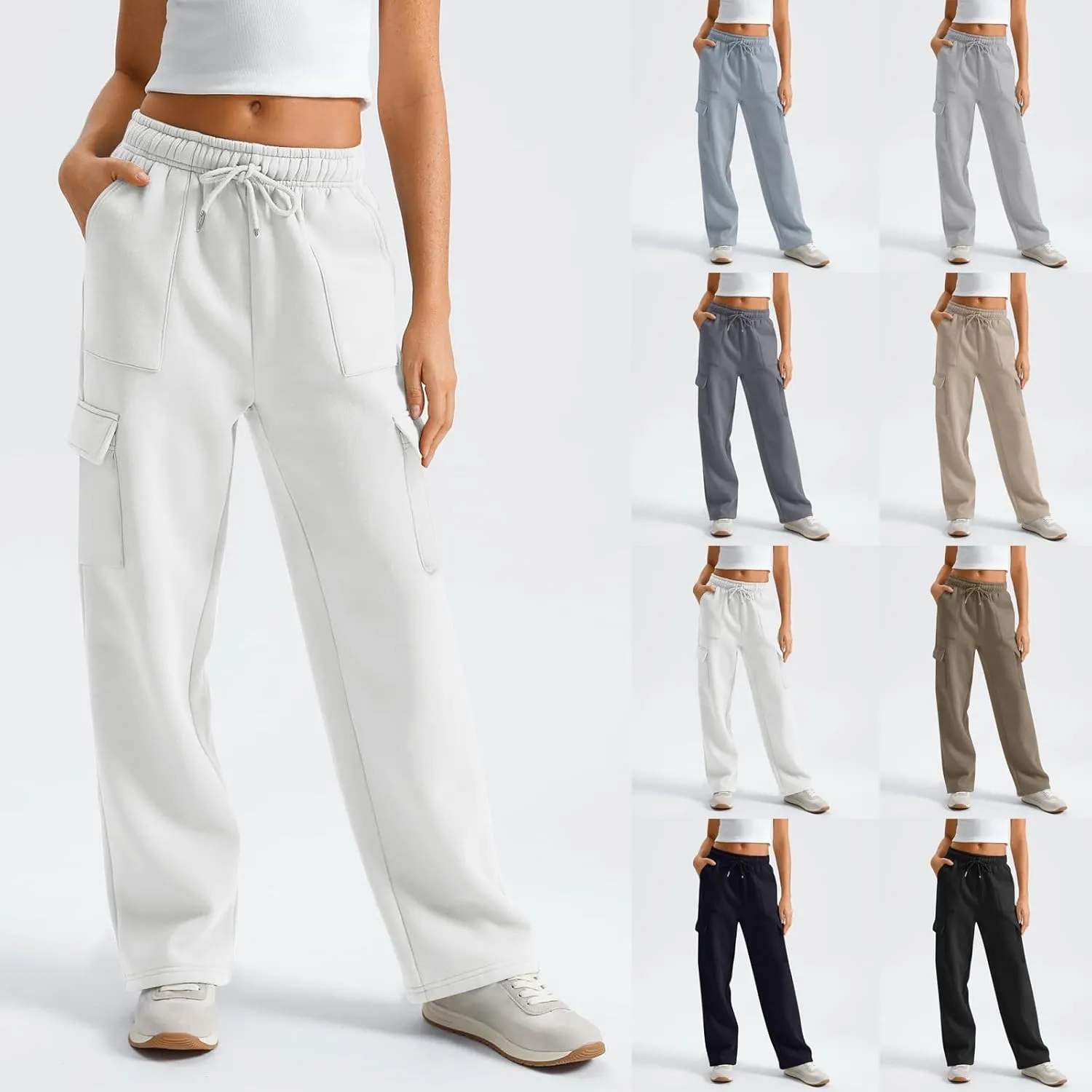 Womens Cargo Sweatpants Baggy Fleece Wide Leg Sweatpants Drawstring Elastic High Waisted Jogger Pants with Pockets
