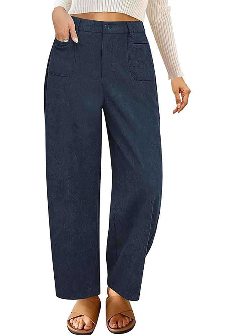 Women's Casual Barrel Style High Waist Relaxed Fit  Full Length Pant With Pocket