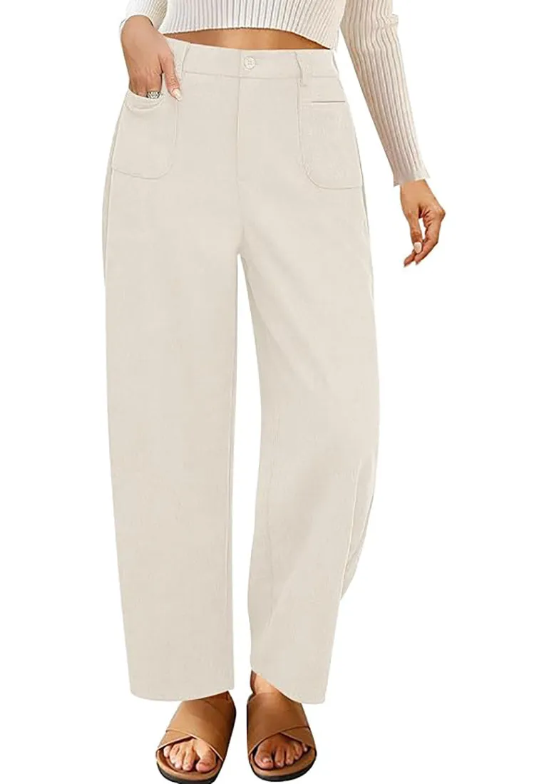Women's Casual Barrel Style High Waist Relaxed Fit  Full Length Pant With Pocket