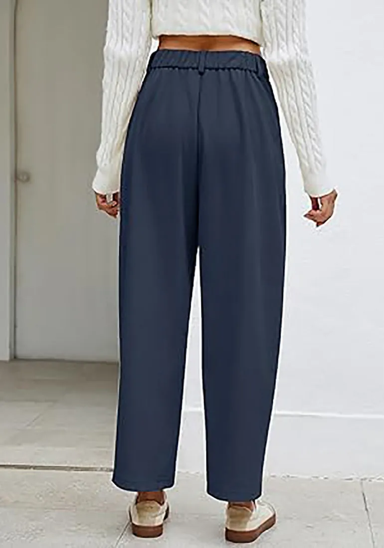 Women's Casual Barrel Style High Waist Relaxed Fit  Full Length Pant With Pocket
