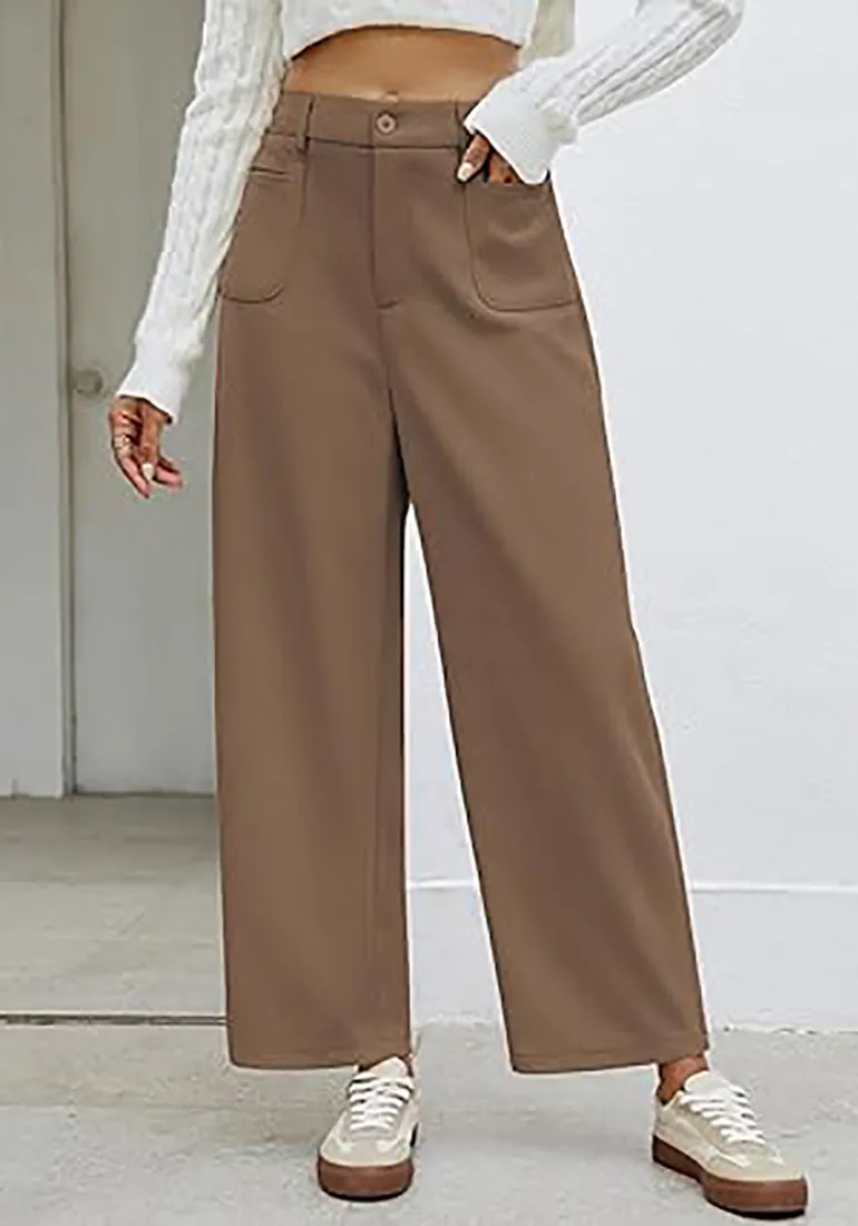 Women's Casual Barrel Style High Waist Relaxed Fit  Full Length Pant With Pocket