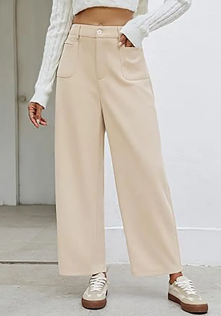 Women's Casual Barrel Style High Waist Relaxed Fit  Full Length Pant With Pocket