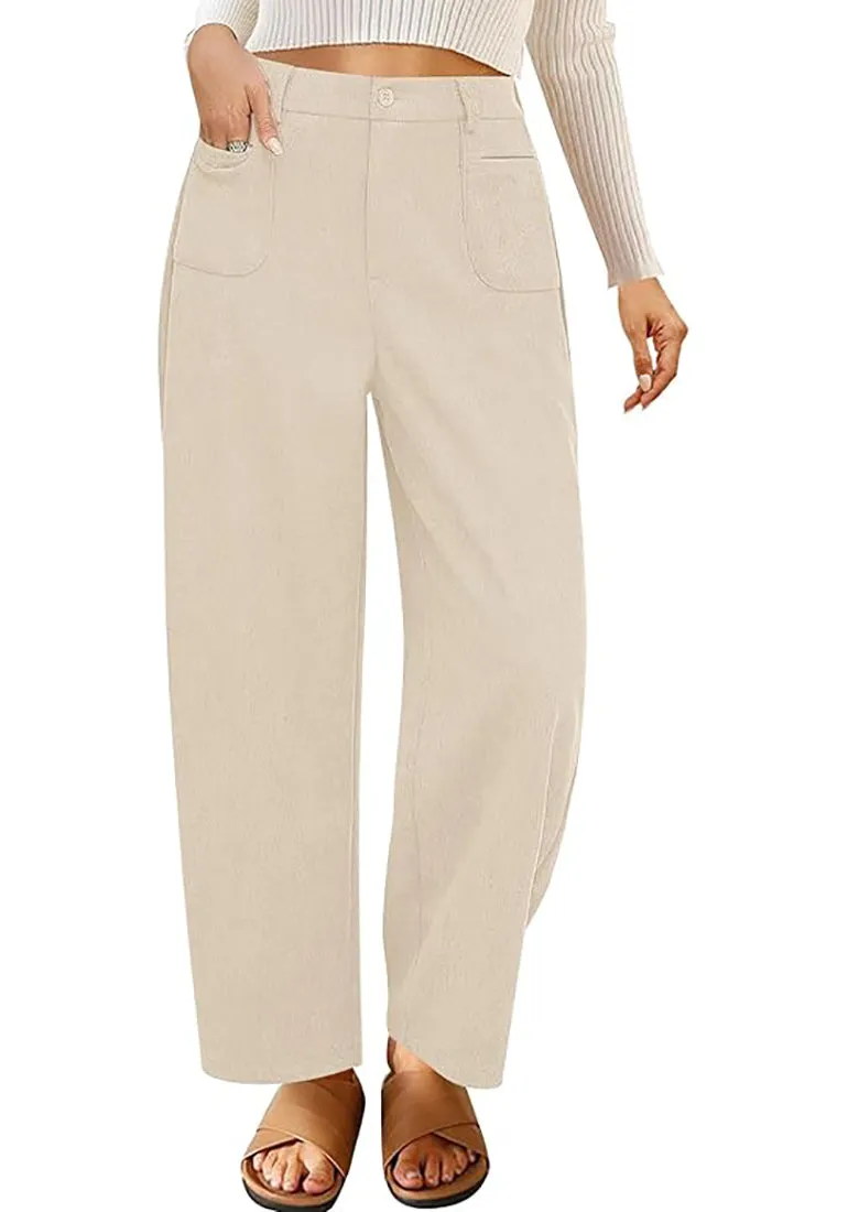 Women's Casual Barrel Style High Waist Relaxed Fit  Full Length Pant With Pocket