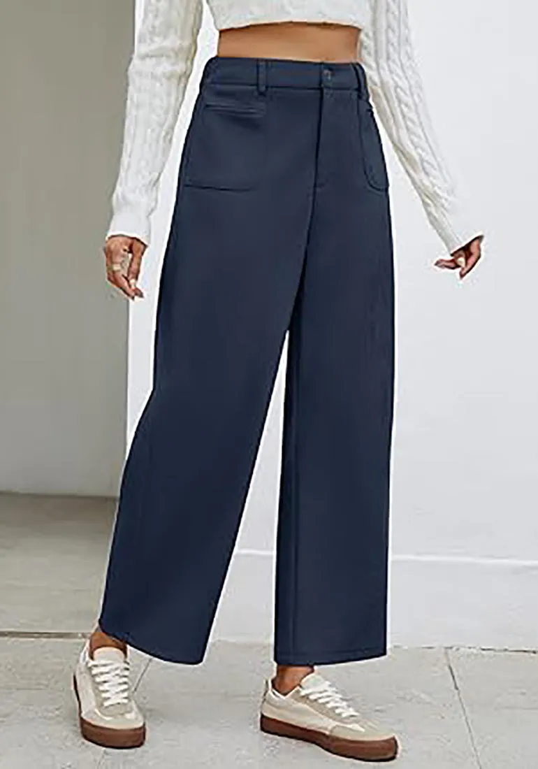 Women's Casual Barrel Style High Waist Relaxed Fit  Full Length Pant With Pocket
