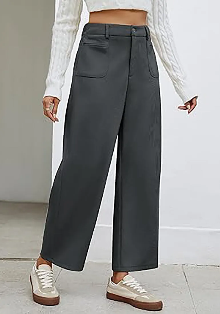 Women's Casual Barrel Style High Waist Relaxed Fit  Full Length Pant With Pocket