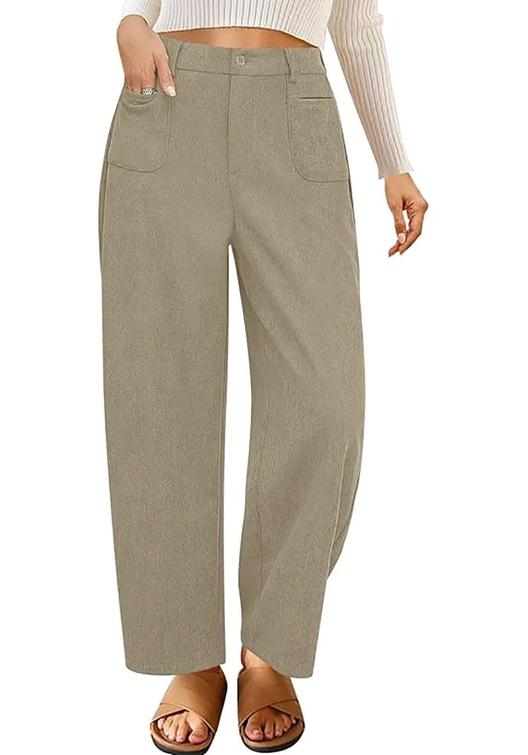 Women's Casual Barrel Style High Waist Relaxed Fit  Full Length Pant With Pocket