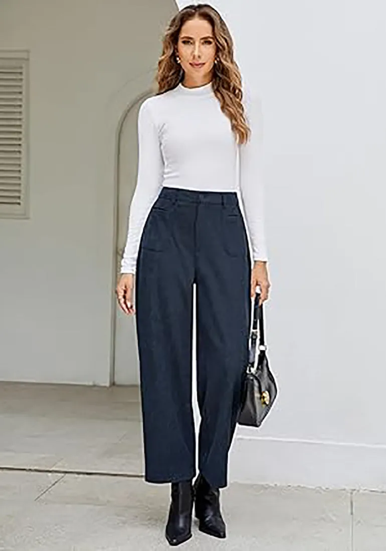 Women's Casual Barrel Style High Waist Relaxed Fit  Full Length Pant With Pocket