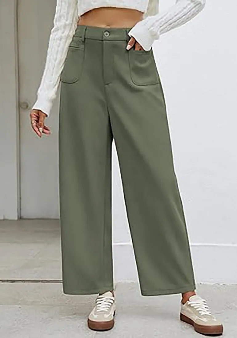 Women's Casual Barrel Style High Waist Relaxed Fit  Full Length Pant With Pocket