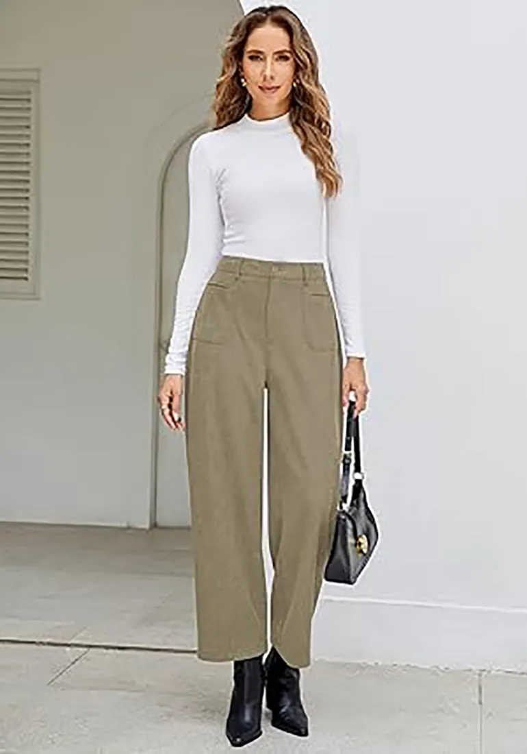 Women's Casual Barrel Style High Waist Relaxed Fit  Full Length Pant With Pocket