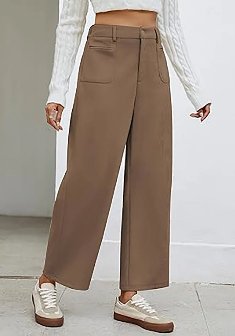Women's Casual Barrel Style High Waist Relaxed Fit  Full Length Pant With Pocket