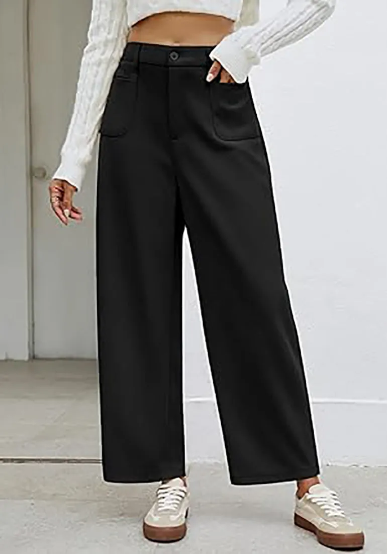 Women's Casual Barrel Style High Waist Relaxed Fit  Full Length Pant With Pocket