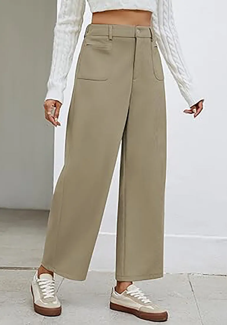 Women's Casual Barrel Style High Waist Relaxed Fit  Full Length Pant With Pocket