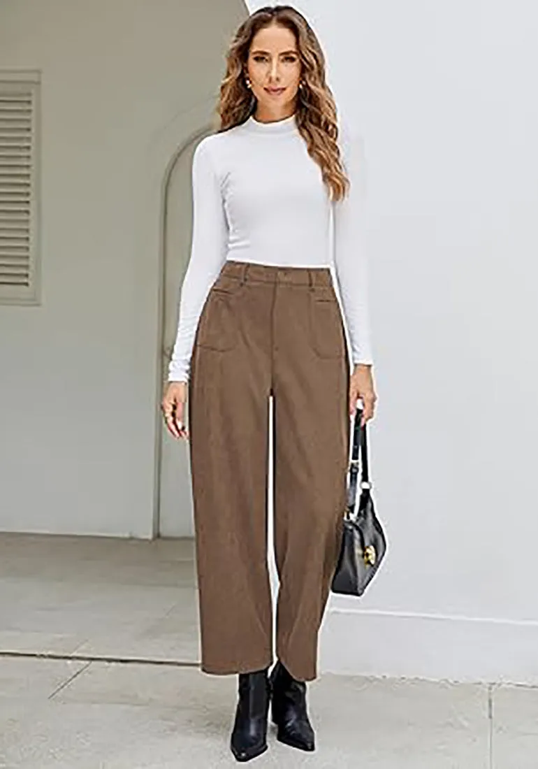 Women's Casual Barrel Style High Waist Relaxed Fit  Full Length Pant With Pocket