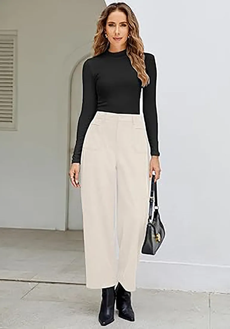 Women's Casual Barrel Style High Waist Relaxed Fit  Full Length Pant With Pocket