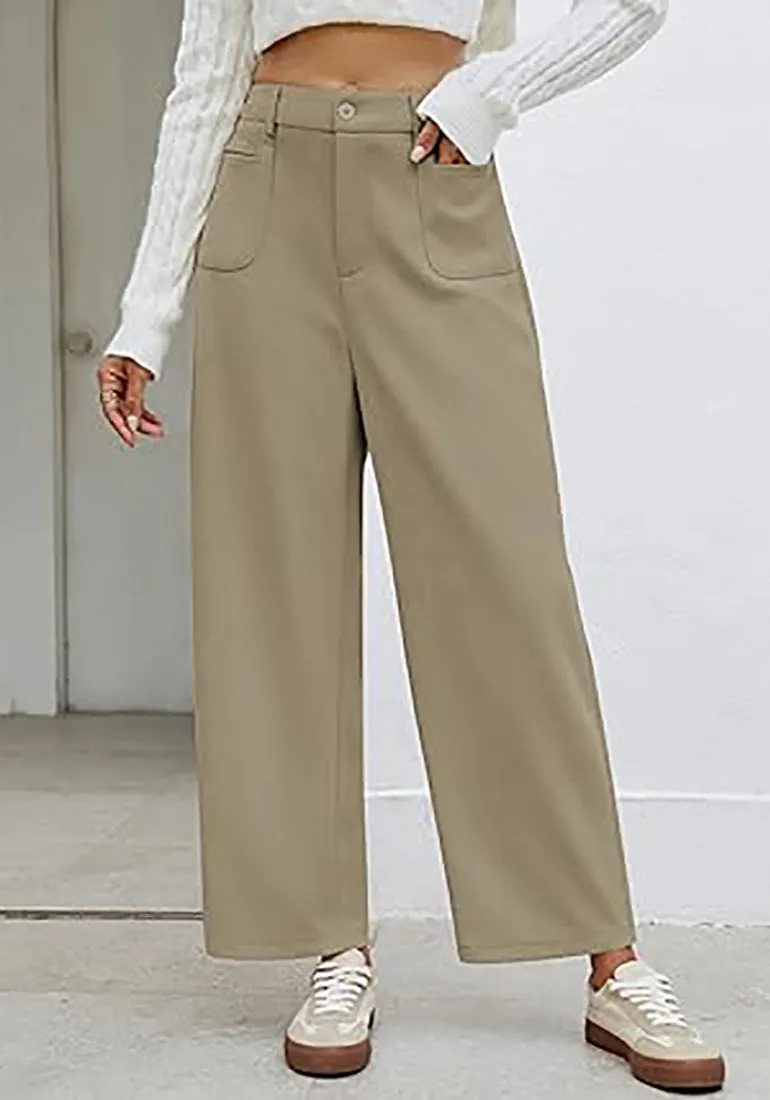 Women's Casual Barrel Style High Waist Relaxed Fit  Full Length Pant With Pocket