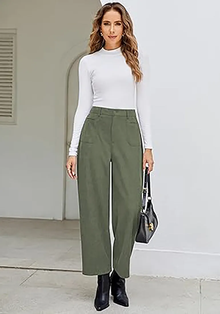 Women's Casual Barrel Style High Waist Relaxed Fit  Full Length Pant With Pocket