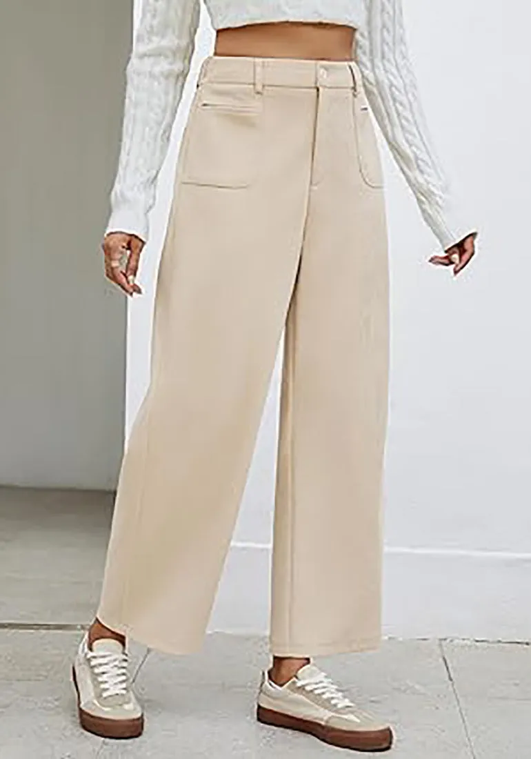 Women's Casual Barrel Style High Waist Relaxed Fit  Full Length Pant With Pocket