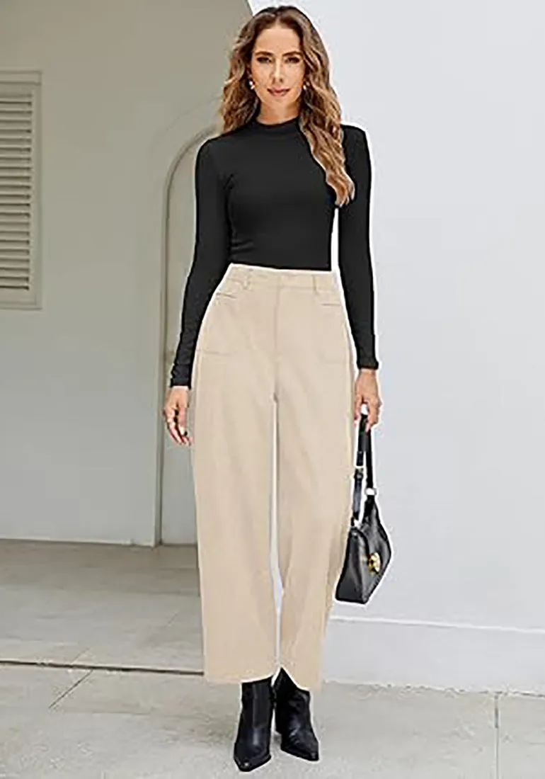 Women's Casual Barrel Style High Waist Relaxed Fit  Full Length Pant With Pocket