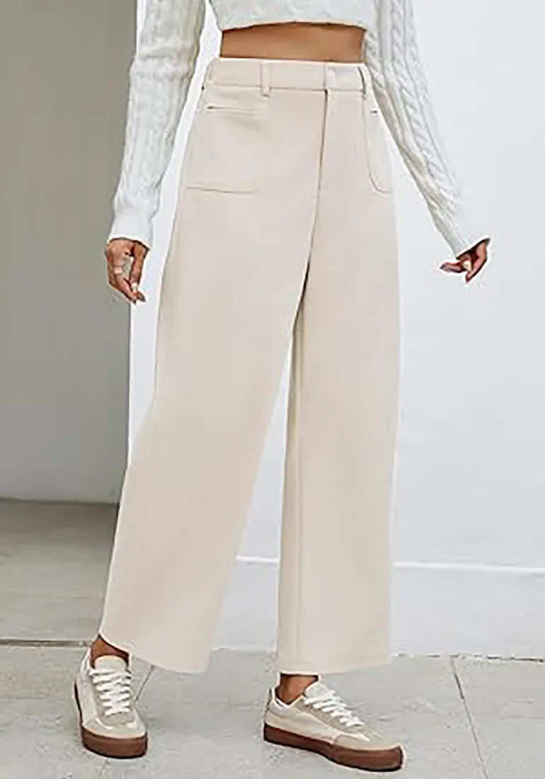 Women's Casual Barrel Style High Waist Relaxed Fit  Full Length Pant With Pocket