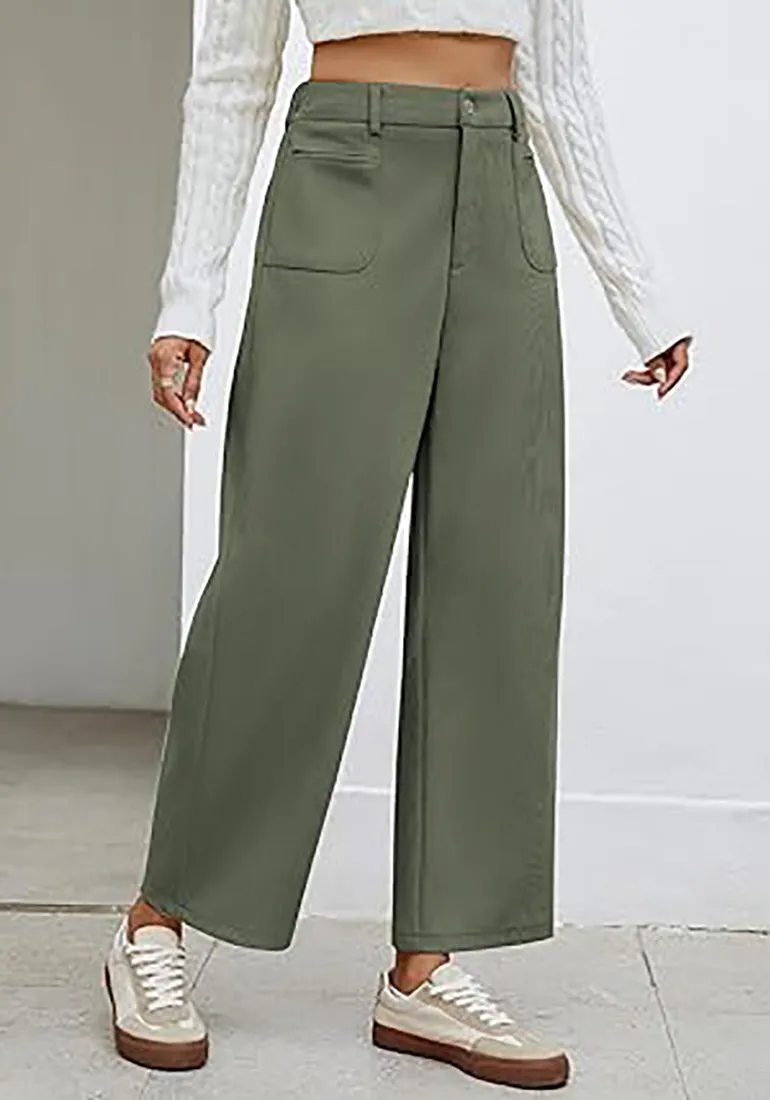 Women's Casual Barrel Style High Waist Relaxed Fit  Full Length Pant With Pocket