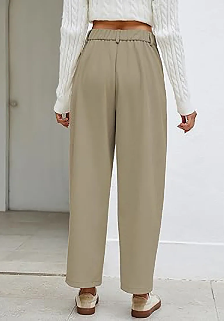 Women's Casual Barrel Style High Waist Relaxed Fit  Full Length Pant With Pocket