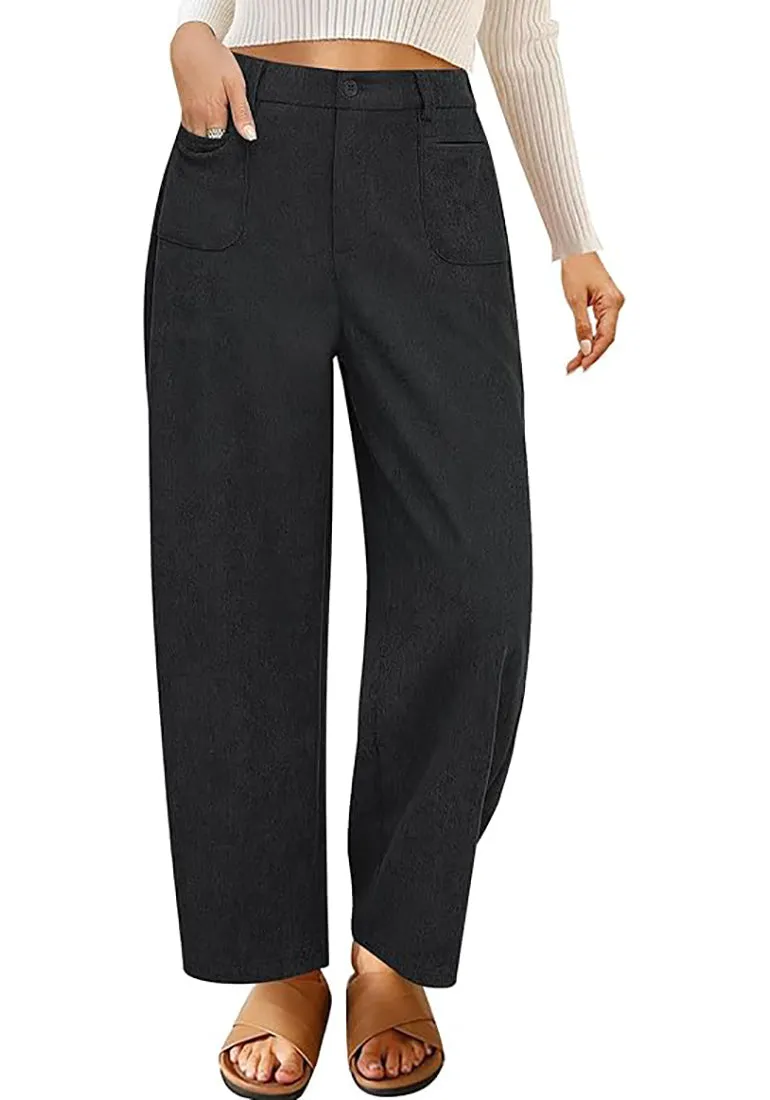 Women's Casual Barrel Style High Waist Relaxed Fit  Full Length Pant With Pocket