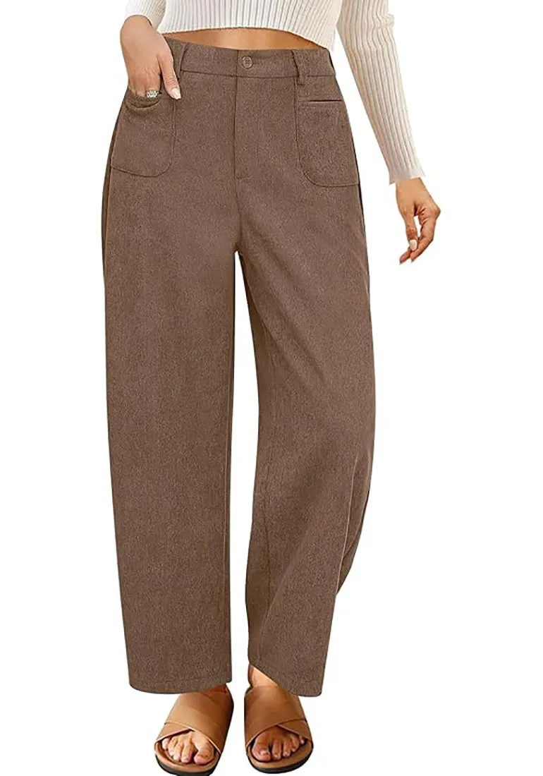 Women's Casual Barrel Style High Waist Relaxed Fit  Full Length Pant With Pocket